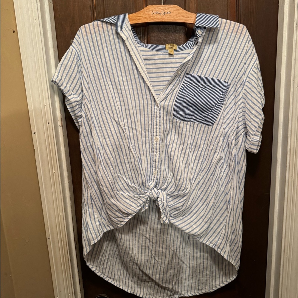 Women’s Blue True Craft Size 0X Short Sleeve Striped Blouse